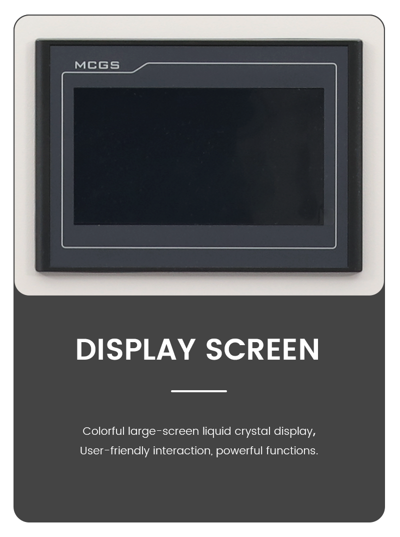 Product infographic card for a laboratory freeze dryer showing an MCGS liquid crystal display touch screen.